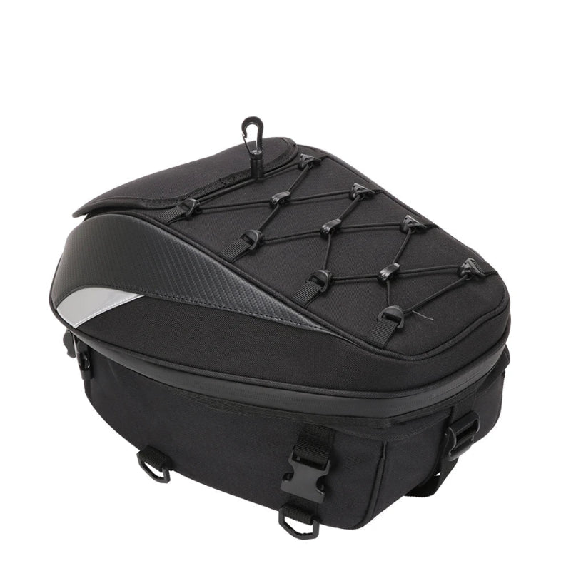 Black motorcycle tail bag with waterproof fabric on a white background