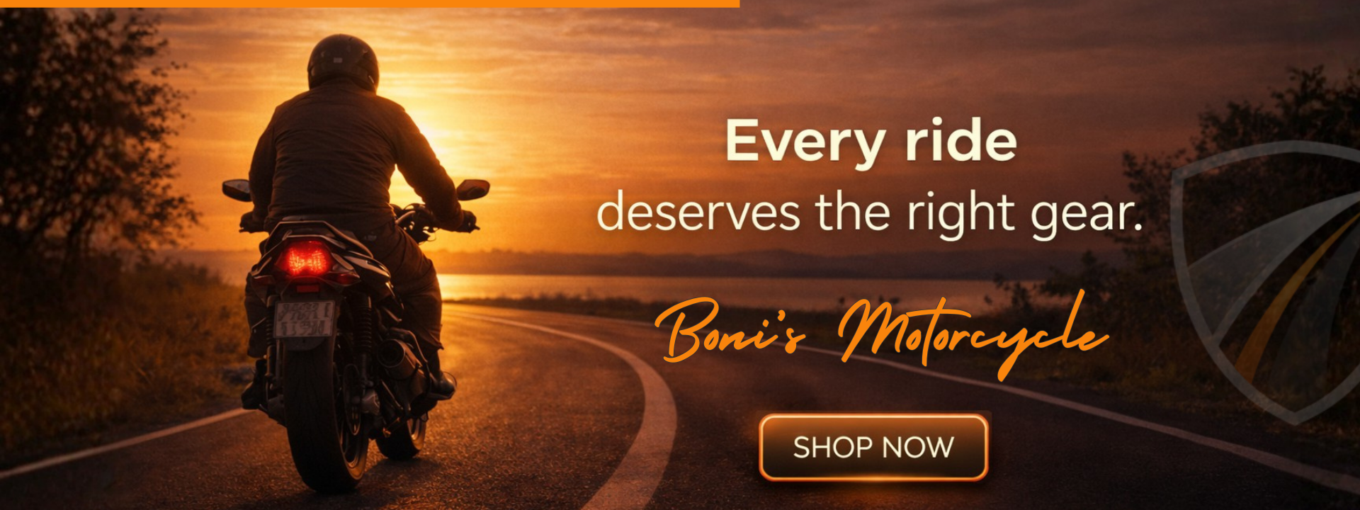 Person riding a motorcycle on a road at sunset with promotional text and branding.