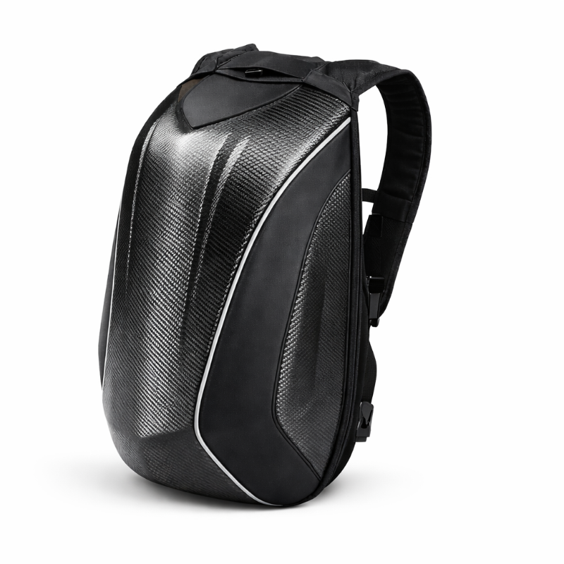 Black carbon fiber pattern backpack on a white background