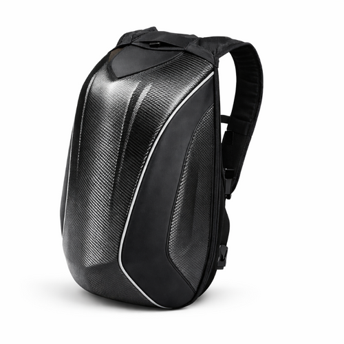 Black carbon fiber pattern backpack on a white background