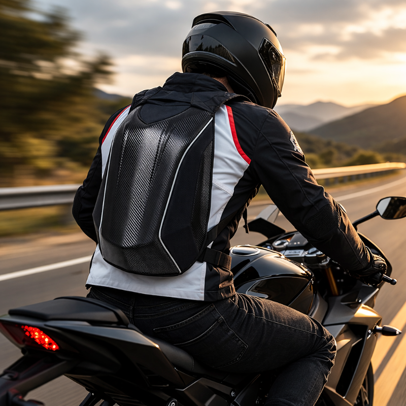 Person riding a motorcycle on a scenic road with mountains in the background
