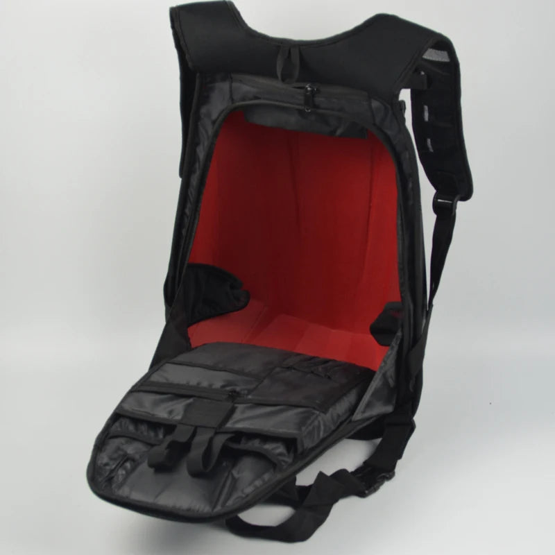 Black backpack with red interior on a white background