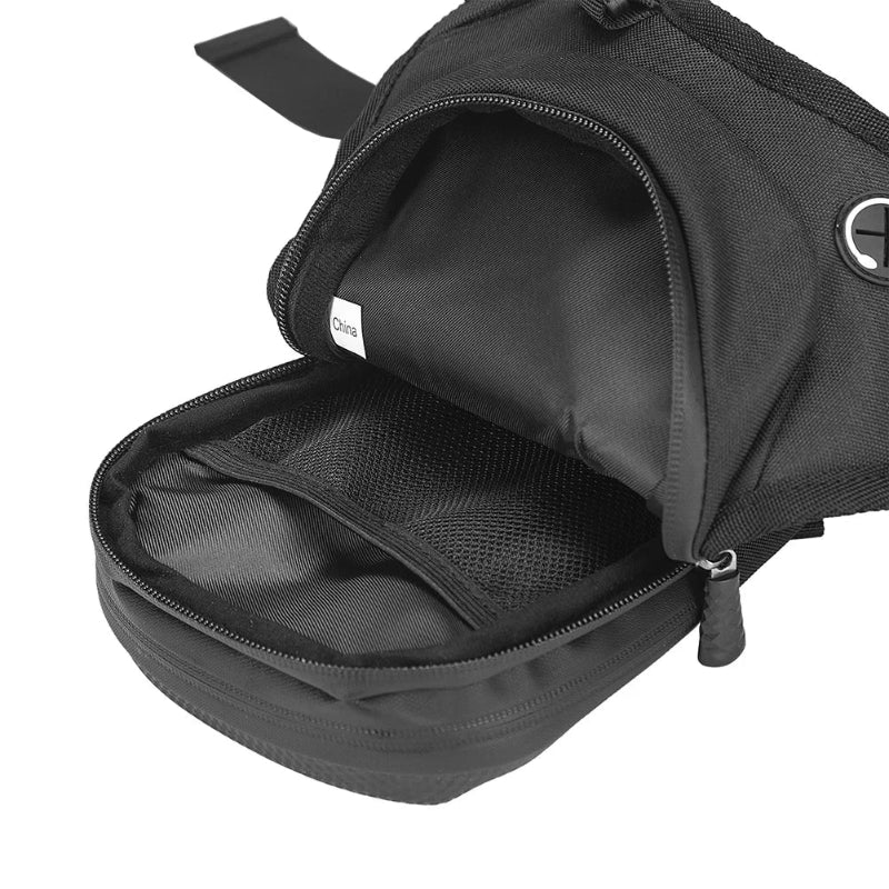 Black backpack with open front pocket on a white background