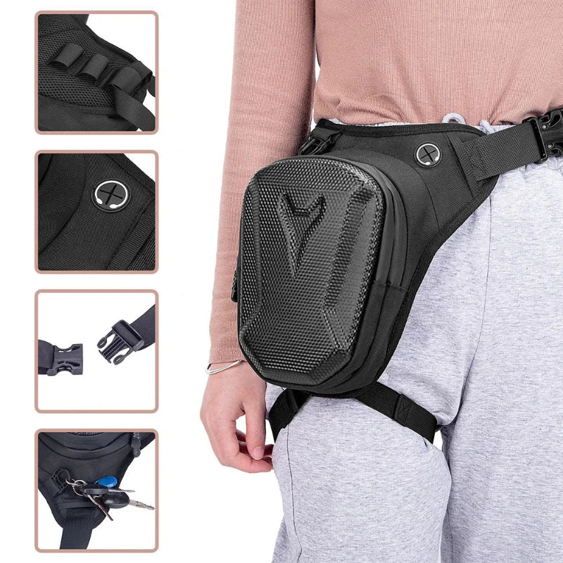 Black waist bag with detailed views of its features, worn by a person.