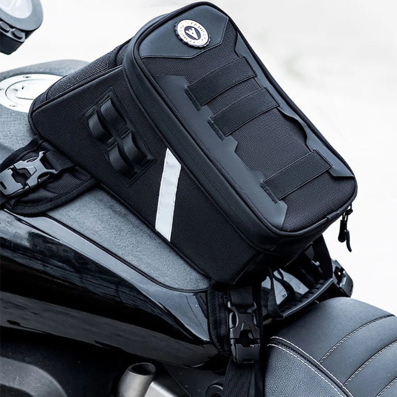 Motorcycle fuel tank bag attached to a motorcycle.