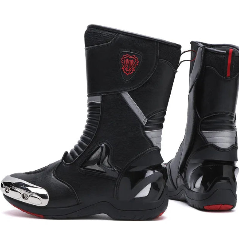 Black motorcycle boots with a brand logo on a white background