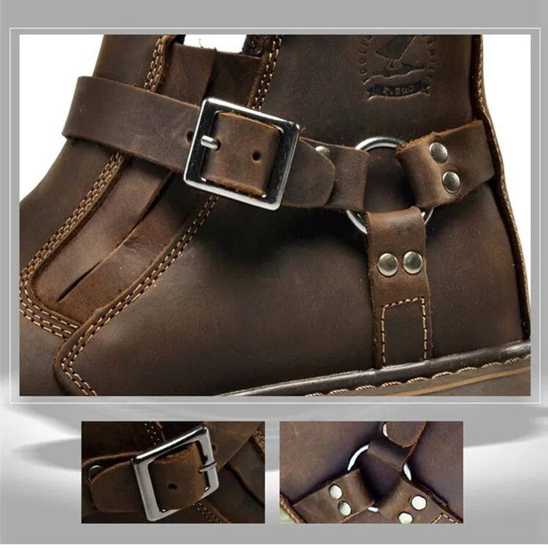 Close-up of a brown leather boot with buckles and stitching details on a light gray background.