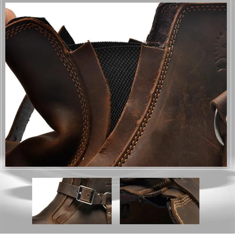 Close-up of brown leather boots with stitching details on a white background