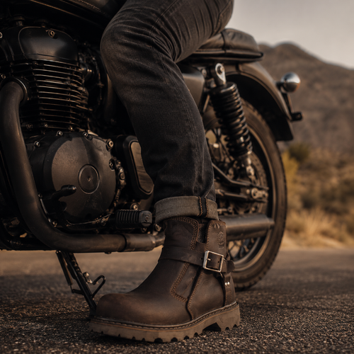 Person wearing brown leather boots and dark jeans sitting on a motorcycle with a mountainous background.