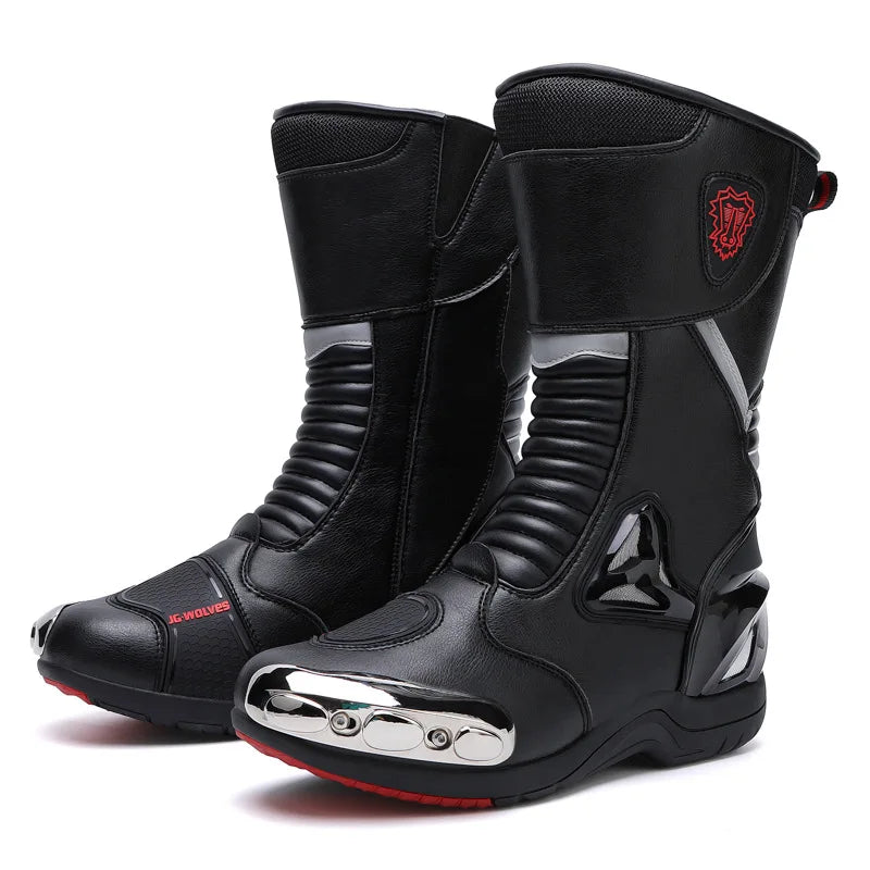 Black motorcycle boots with a brand logo on a white background