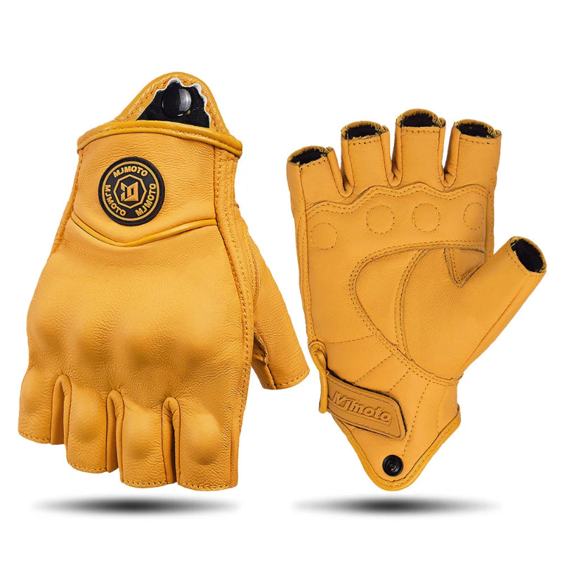 Pair of yellow leather gloves with a brand logo on a white background