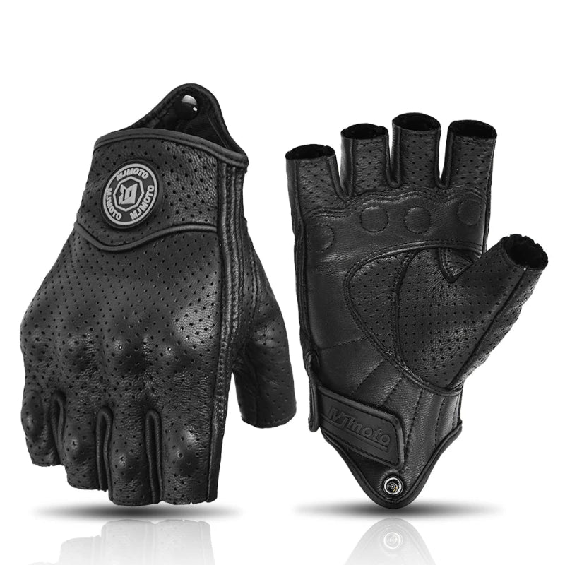 Pair of black gloves with half-finger design on a white background