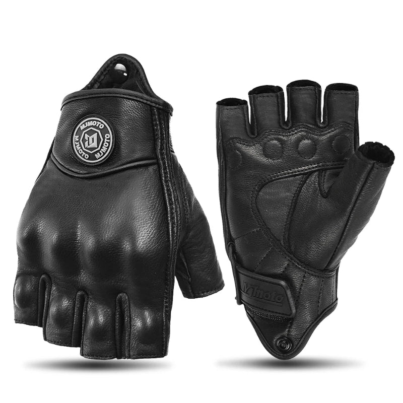 Pair of black leather gloves with half-finger design on a white background