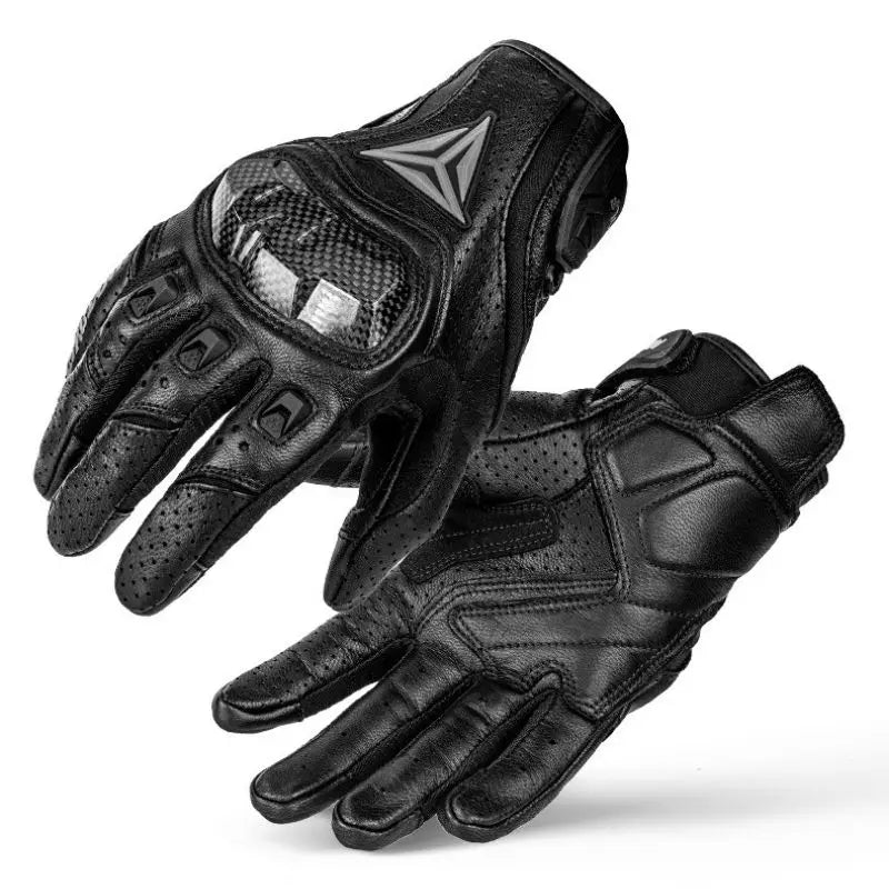 Pair of black motorcycle gloves with a brand logo on a white background