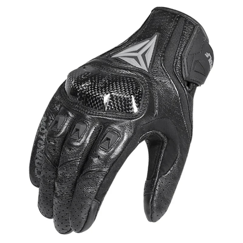 Black motorcycle glove with a visible brand logo on a white background