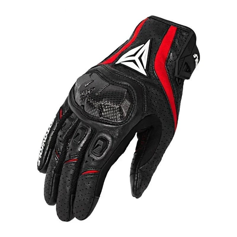 Black motorcycle glove with red accents on a white background