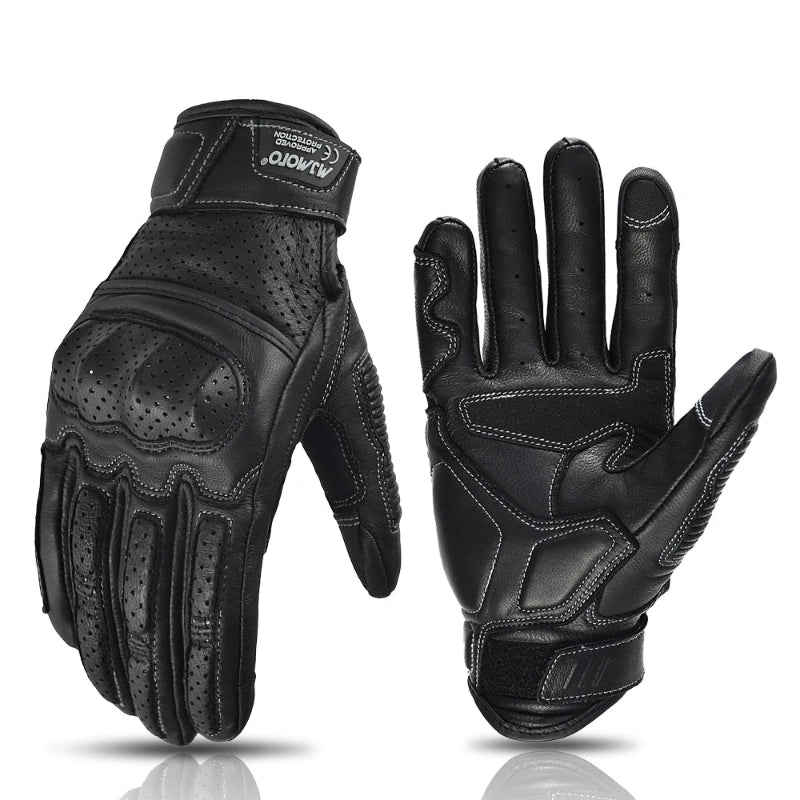Black motorcycle gloves with detailed design on a white background