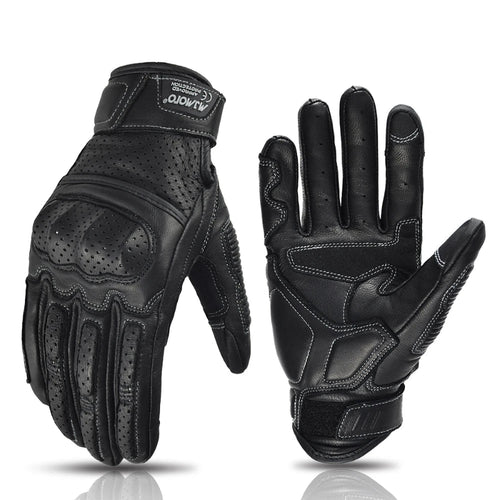 Black motorcycle gloves with detailed design on a white background