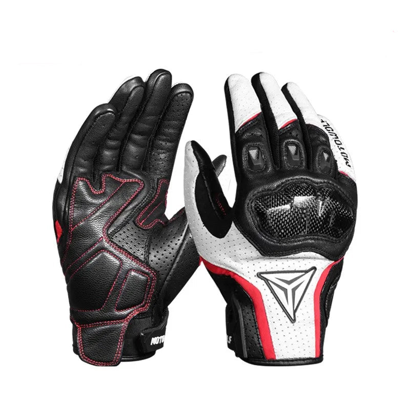 Two leather breathable gloves, one black and red, one white and black,.
