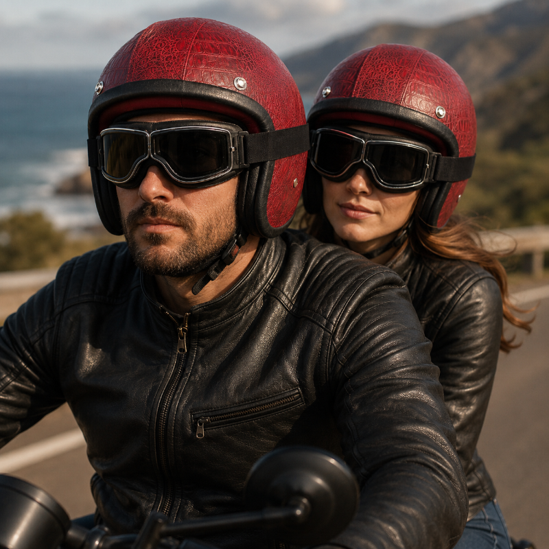 Two people on a motorcycle wearing red helmets and leather jackets with a scenic background.