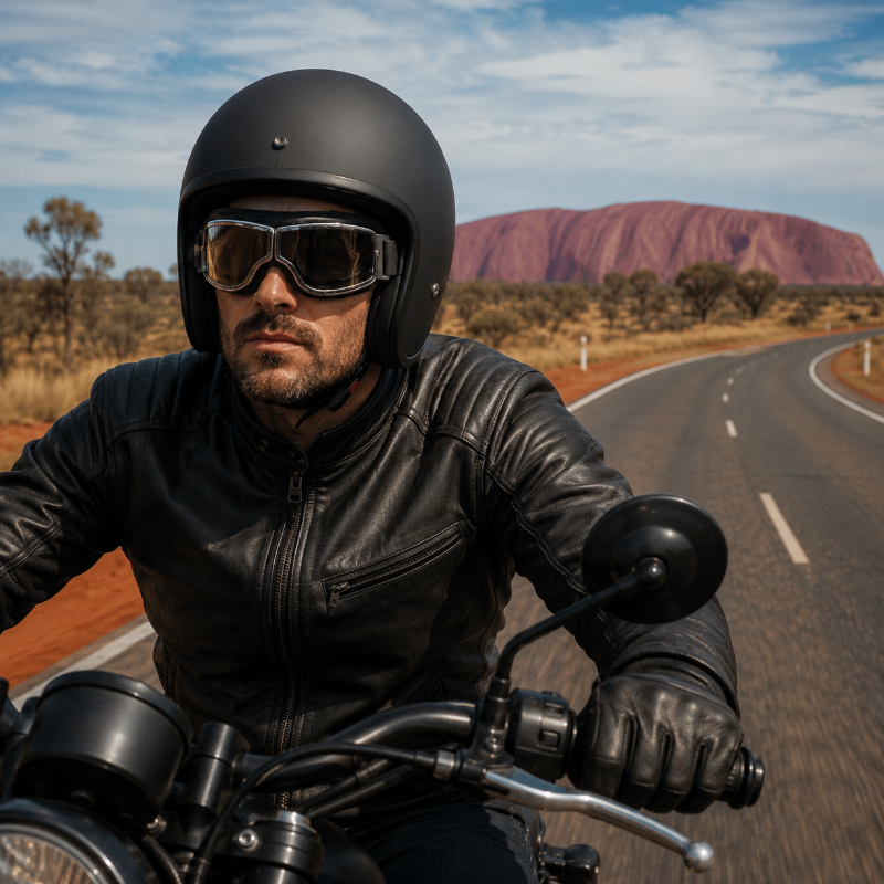 Man on a motorcycle with Uluru in the background