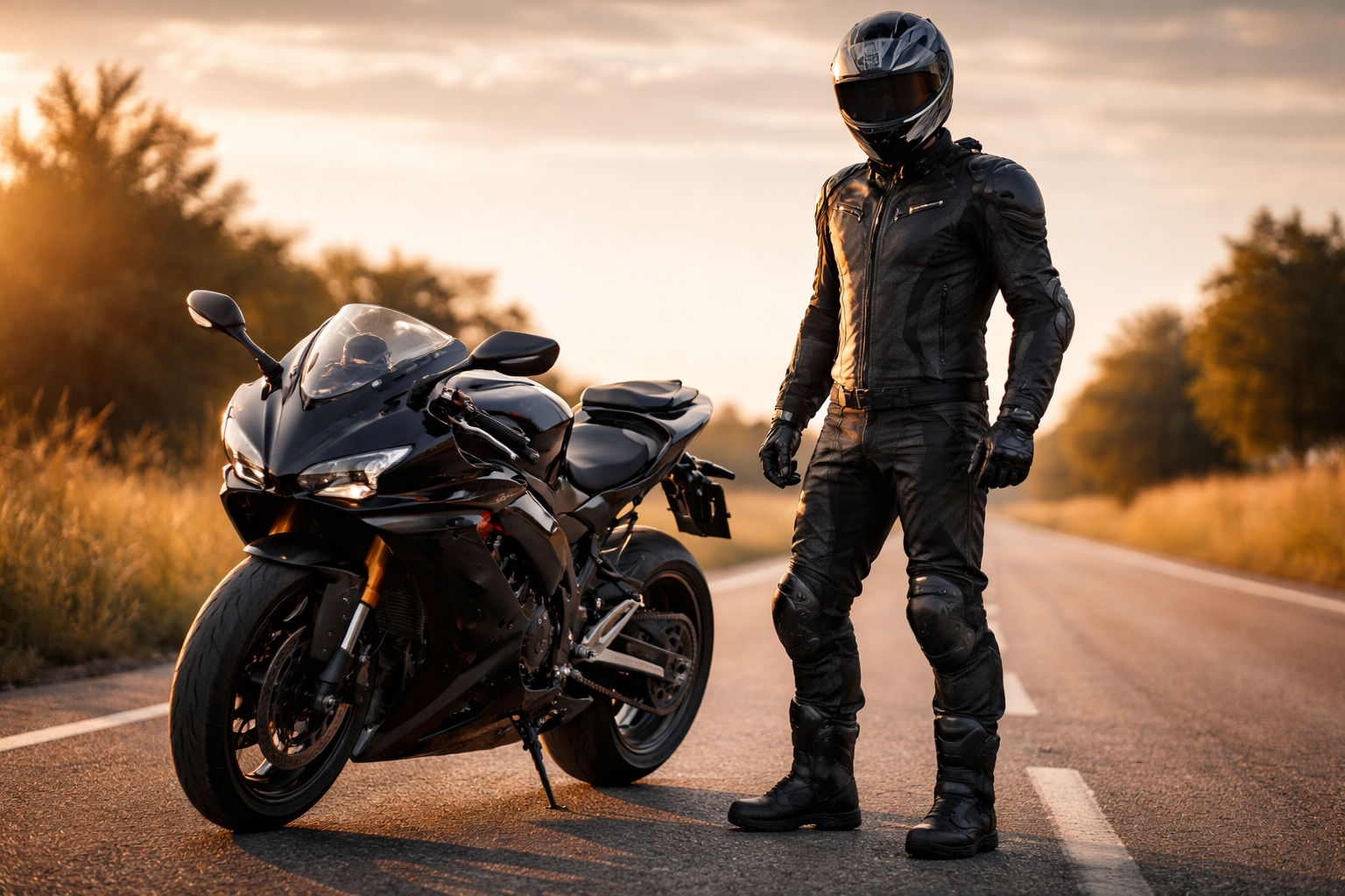 Person in motorcycle gear standing next to a black motorcycle on a road with a sunset background
