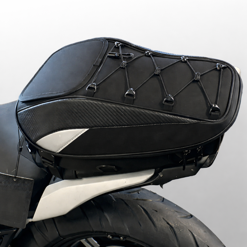 Black motorcycle saddlebag on a white background