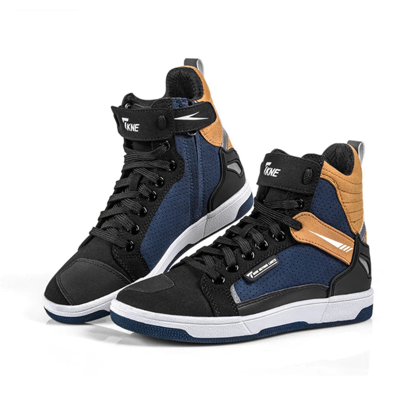 Pair of high-top sneakers with black, blue, and brown design on a white background, featuring the Alpine Fox brand.