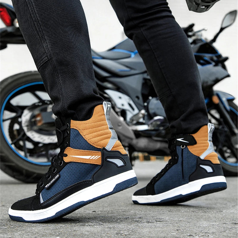 Person wearing navy and brown shoes with a motorcycle in the background