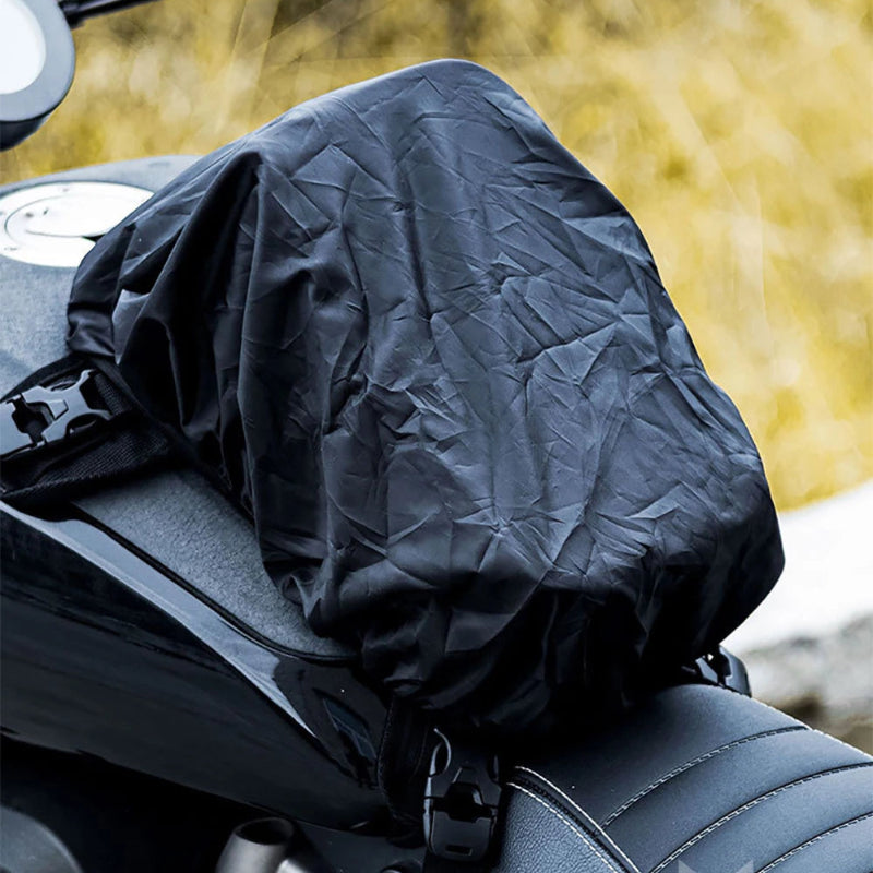 Black rain cover on a motorcycle seat with text about matching rain cover for outdoor weather conditions.