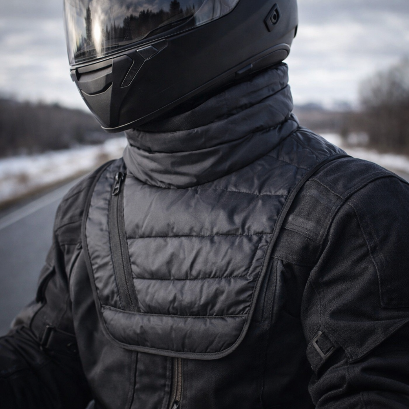 Person wearing a black motorcycle helmet and jacket in a snowy landscape