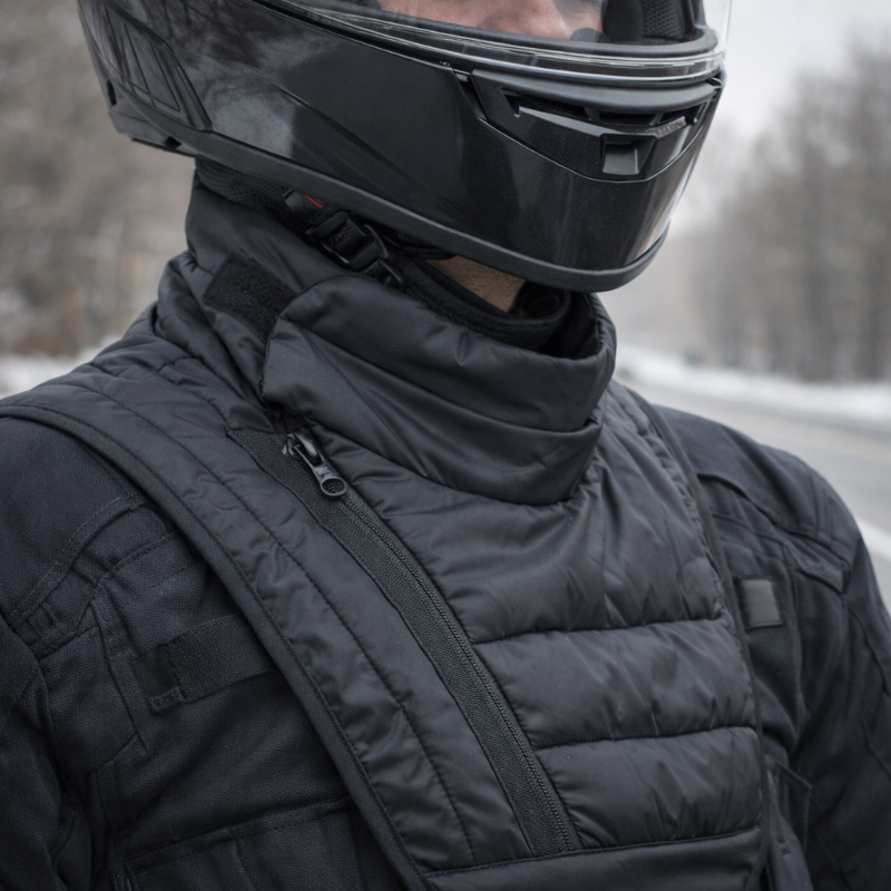 Person wearing a black helmet and winter coat in a snowy landscape